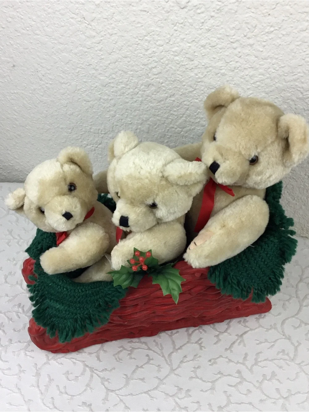 Plush Teddy Trio in Cream with Red Ribbons - Holiday Decorative Set